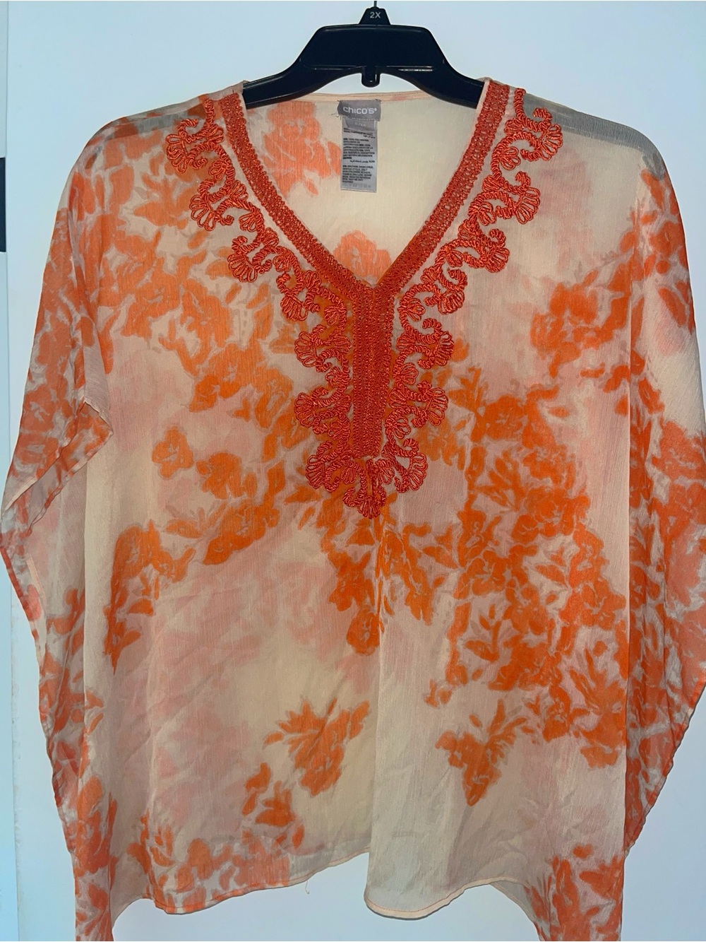 Chico's Orange Floral Sheer V-Neck Cover-Up